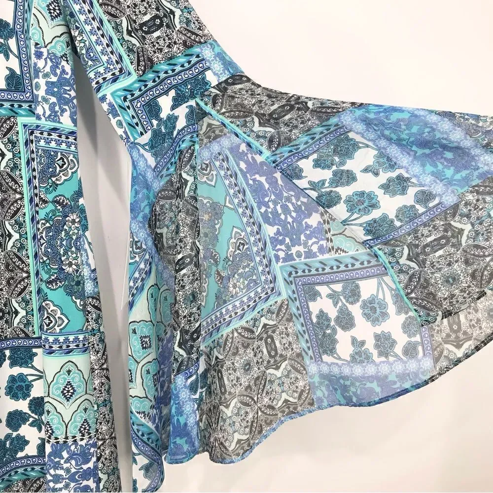 Ronni Nicole Blue Patchwork Floral Tapestry Print Bell Sleeve Sheath Dress